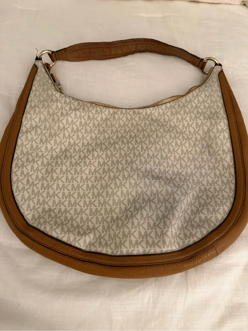 Michael Kors Beige Canvas Hobo with Brown Leather Trim